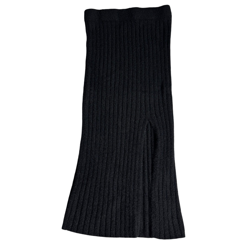 Aerie Black Ribbed Knit Fuzzy Pull On Midi Skirt Side Slit Womens Size XS